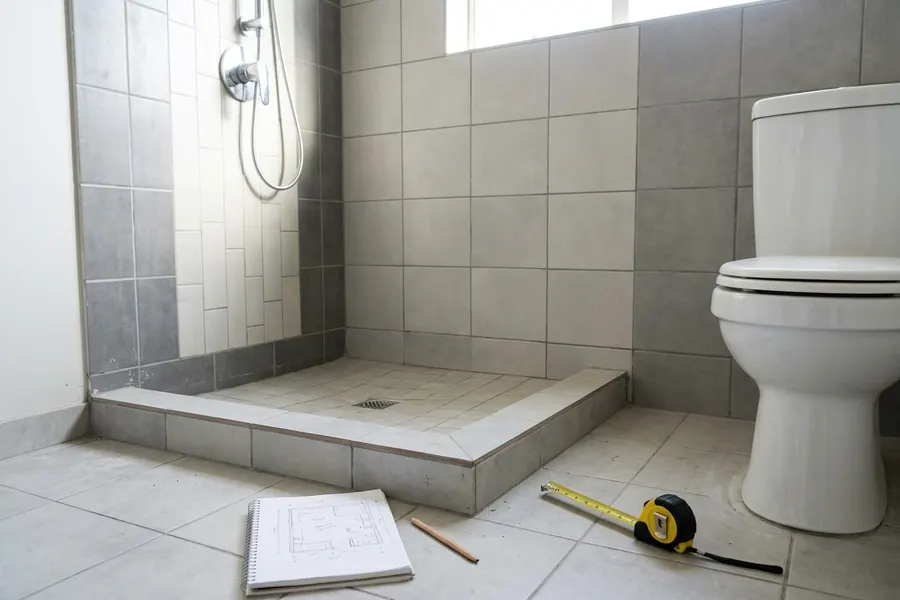 Banheiro com box de vidro, pronto para a escolha da linha e do acabamento